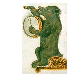 A fanciful illustration of a pipe and tabor player