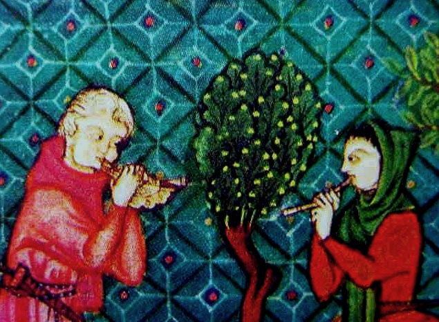 A medieval painting depicting two alboka players