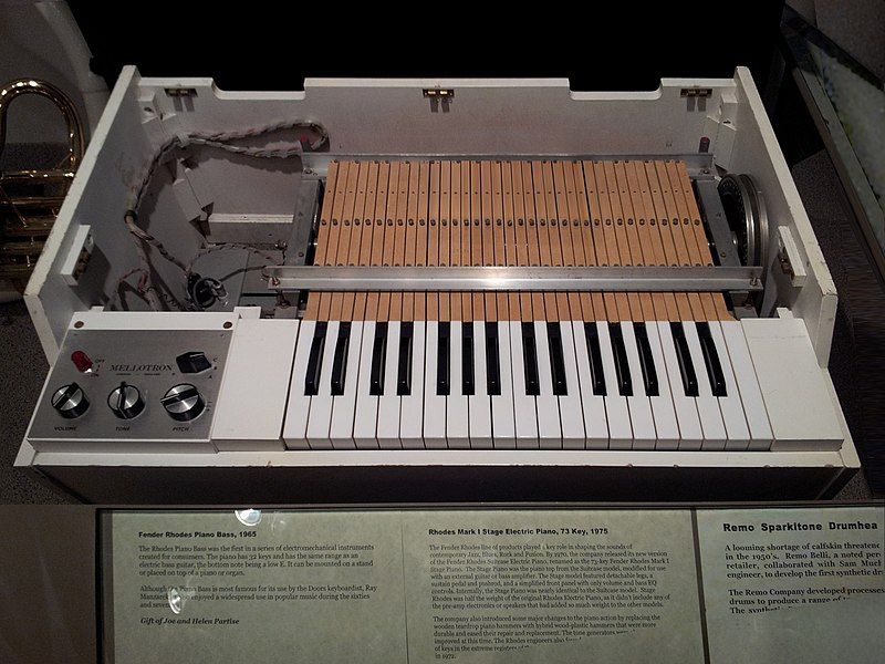 A Mellotron with its tape cartridges