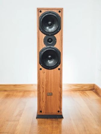 a wooden floor standing speaker